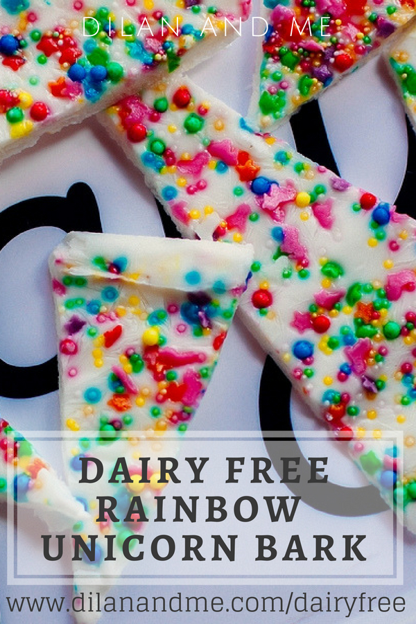 Make your own dairy free rainbow bark, perfect for a cold treat on a hot day. Great for making with little ones, perfect for kids who love to cook! So easy to make, great for pool parties too. Colourful treats for kids with allergies. Find more dairy free treats at dilanandme.com/dairyfree